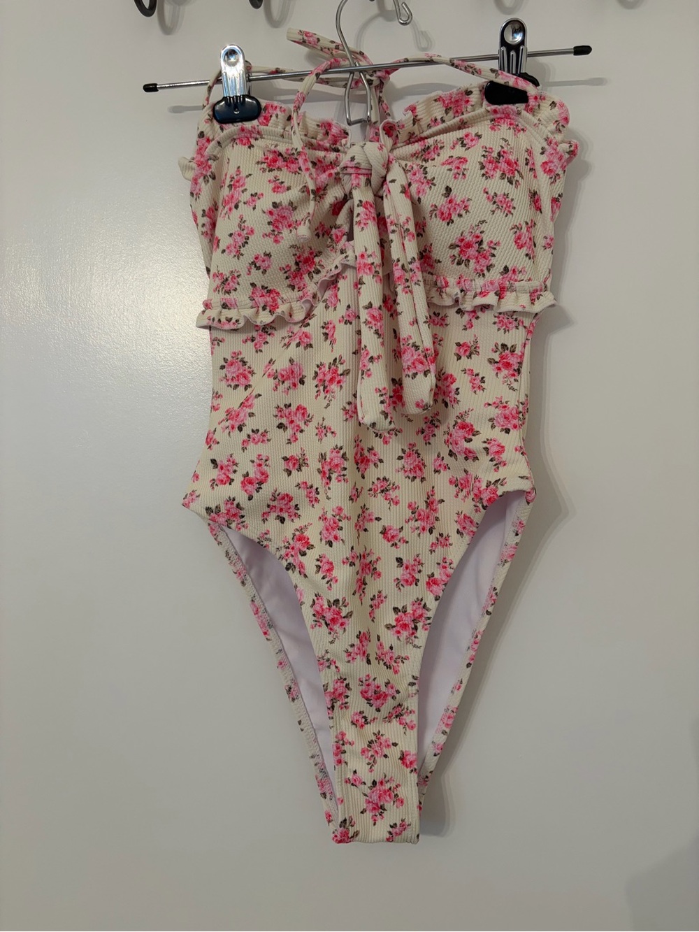 Floral Tie-Front One-Piece Swimsuit - Cream with Pink Roses